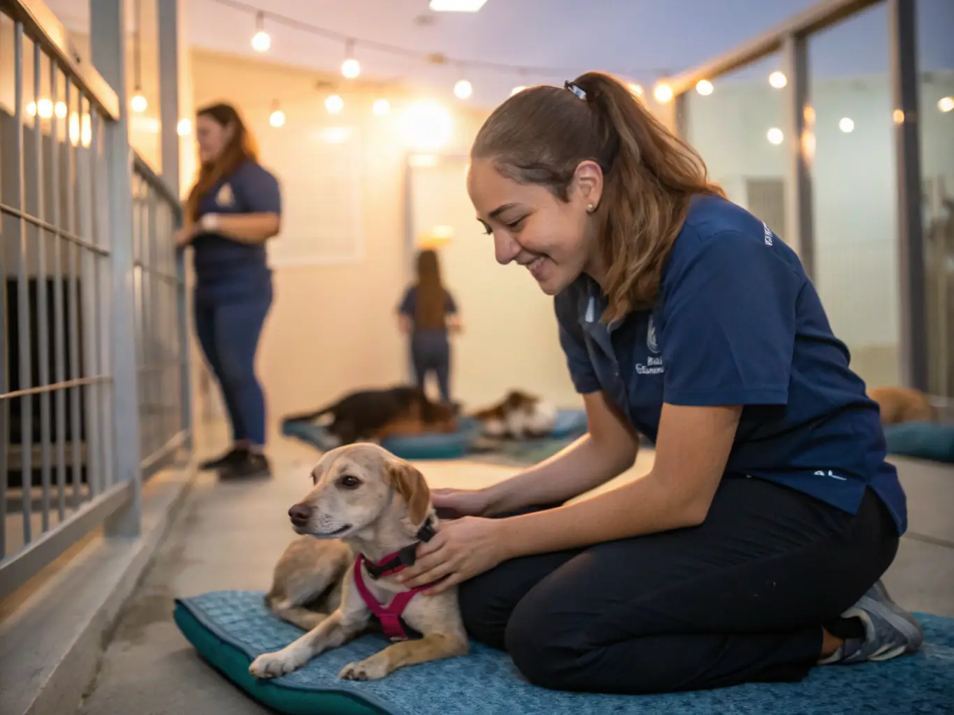 A heartwarming image of a volunteer petting a rescued dog at Project Maya, showcasing the direct impact of volunteering on the animals' well-being.